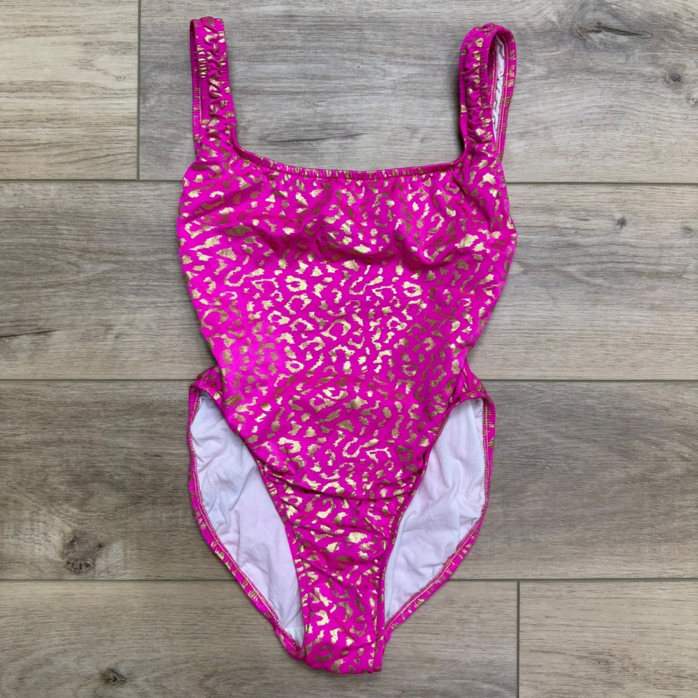 Ujena Vintage‎ 90s One Piece Swimsuit Pink Metallic Leopard High Cut Low Back